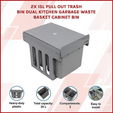 2x 15L Pull Out Trash Bin Dual Kitchen Garbage Waste Basket Cabinet Bin 4