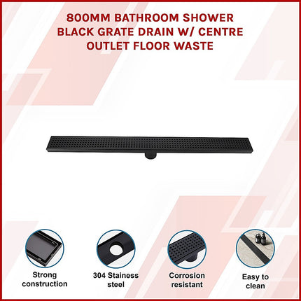 800mm Bathroom Shower Black Grate Drain w/Centre outlet Floor Waste 12