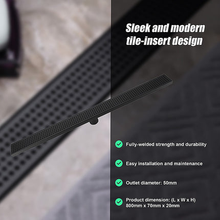 800mm Bathroom Shower Black Grate Drain w/Centre outlet Floor Waste 7