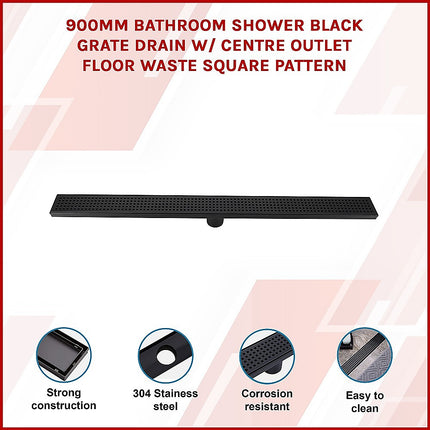 900mm Bathroom Shower Black Grate Drain w/Centre outlet Floor Waste Square Pattern 12