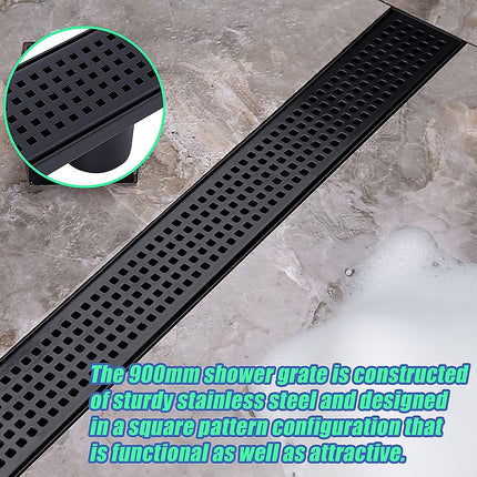 900mm Bathroom Shower Black Grate Drain w/Centre outlet Floor Waste Square Pattern 4