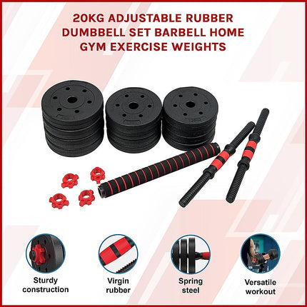 20kg Adjustable Rubber Dumbbell Set Barbell Home GYM Exercise Weights 3