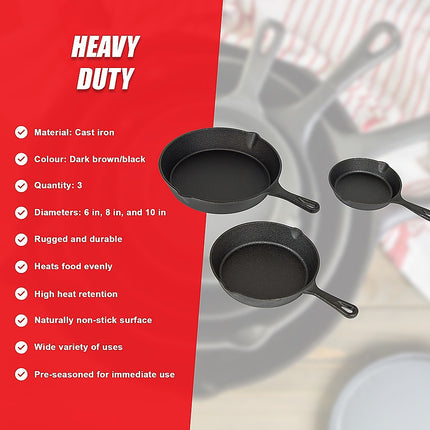 Pre Seasoned Cast Iron Skillet Fry Pan Set 3 Pcs Frying Pan Set 10