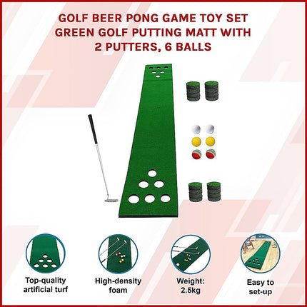 Golf Beer Pong Game Set Green Putting Mat with 2 Putters 6 Balls