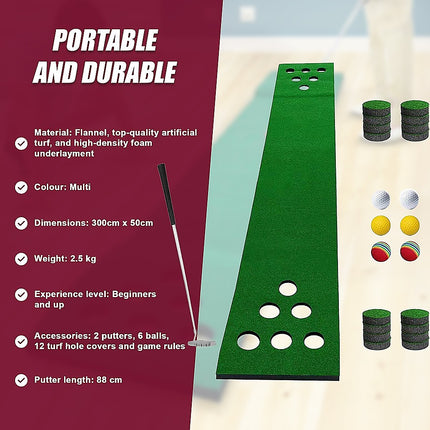 Golf Beer Pong Game Set Green Putting Mat with 2 Putters 6 Balls