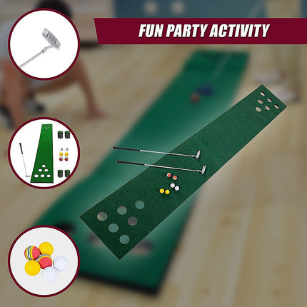 Golf Beer Pong Game Set Green Putting Mat with 2 Putters 6 Balls