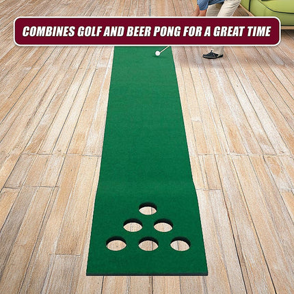 Golf Beer Pong Game Set Green Putting Mat with 2 Putters 6 Balls