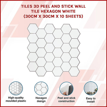 Tiles 3D Peel and Stick Wall Tile Hexagon White (30cm x 30cm x 10 sheets) 3