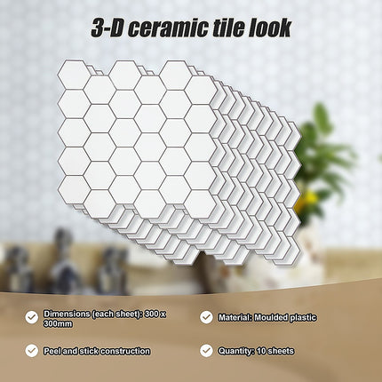 Tiles 3D Peel and Stick Wall Tile Hexagon White (30cm x 30cm x 10 sheets) 9