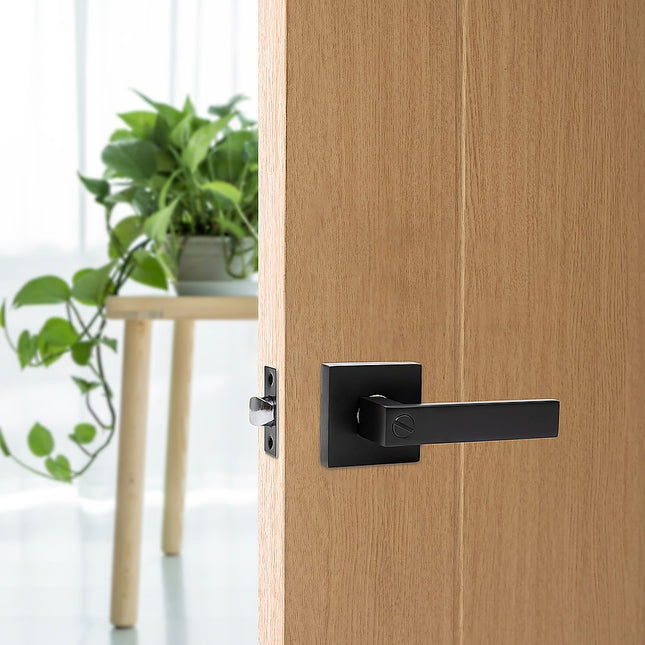 Door Handle Set Lever Privacy Function Square Black 2