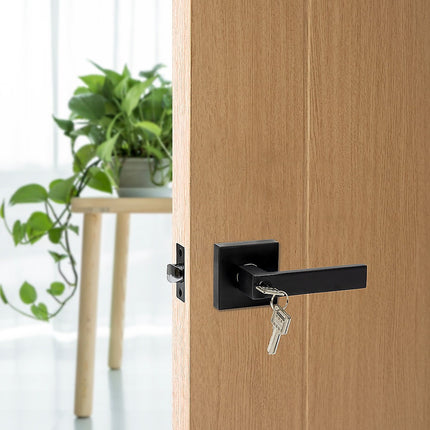 Door Handle Set Lever Key Lock Function Square Black 2