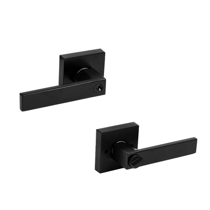 Door Handle Set Lever Key Lock Function Square Black 4
