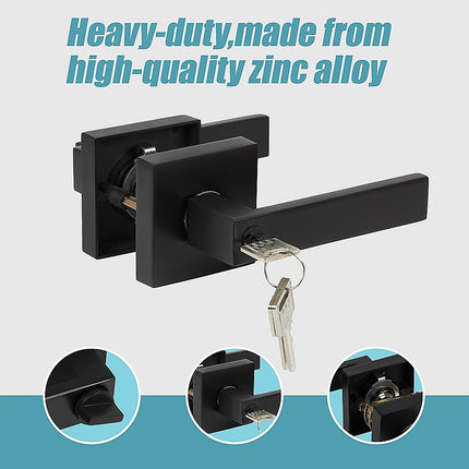 Door Handle Set Lever Key Lock Function Square Black 6