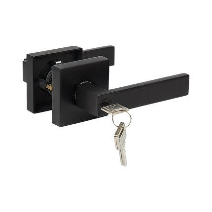 Door Handle Set Lever Key Lock Function Square Black 7