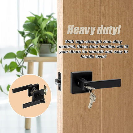 Door Handle Set Lever Key Lock Function Square Black 8