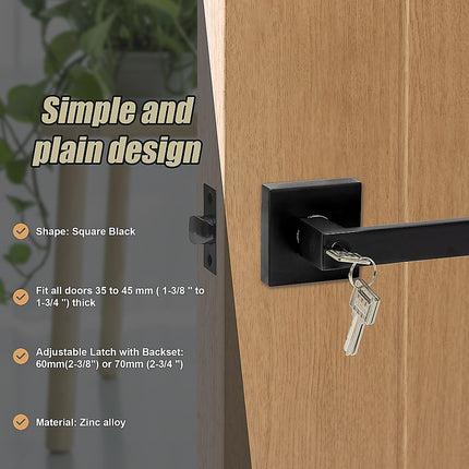 Door Handle Set Lever Key Lock Function Square Black 10