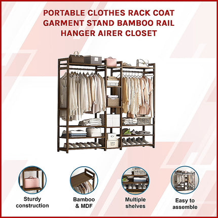 Portable Clothes Rack Coat Garment Stand Bamboo Rail Hanger Airer Closet 3