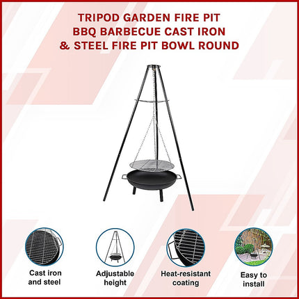 Tripod Garden Fire Pit BBQ – Cast Iron & Steel Round Outdoor Fire Bowl 3
