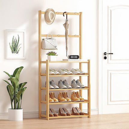Large Wooden 5 Tiers Hat Coat Stand Clothes Shoe Rack Hanger Hooks Shelf Storage 2