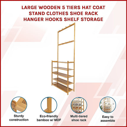 Large Wooden 5 Tiers Hat Coat Stand Clothes Shoe Rack Hanger Hooks Shelf Storage 3