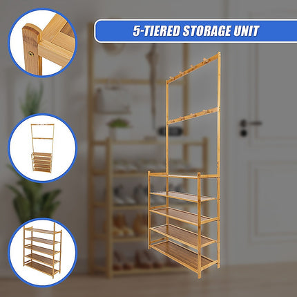 Large Wooden 5 Tiers Hat Coat Stand Clothes Shoe Rack Hanger Hooks Shelf Storage 8