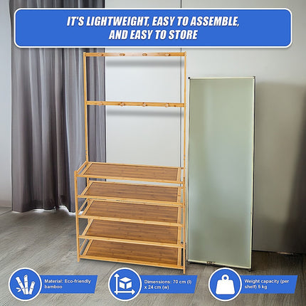 Large Wooden 5 Tiers Hat Coat Stand Clothes Shoe Rack Hanger Hooks Shelf Storage 9