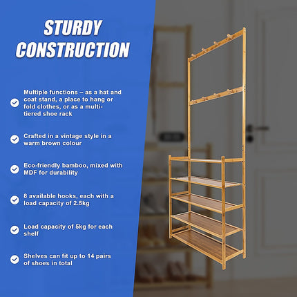 Large Wooden 5 Tiers Hat Coat Stand Clothes Shoe Rack Hanger Hooks Shelf Storage 10