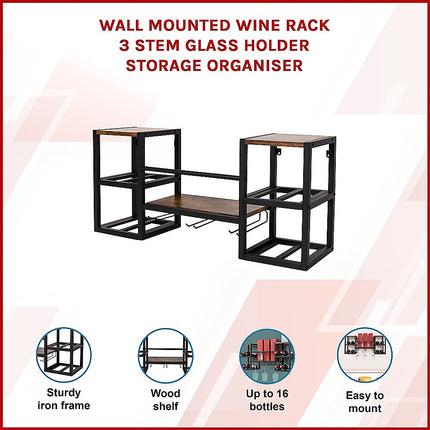 Wall Mounted Wine Rack 3 Stem Glass Holder Storage Organiser 2