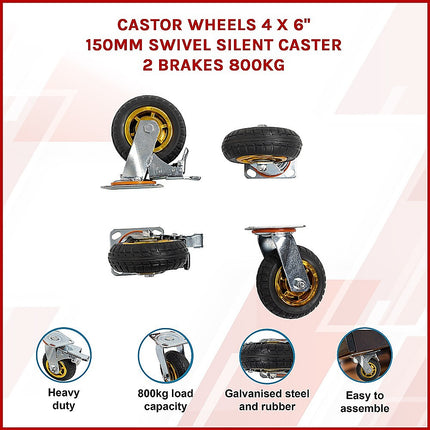 Castor Wheels 4 x 6" 150mm Swivel Silent Caster 2 Brakes 800KG 3