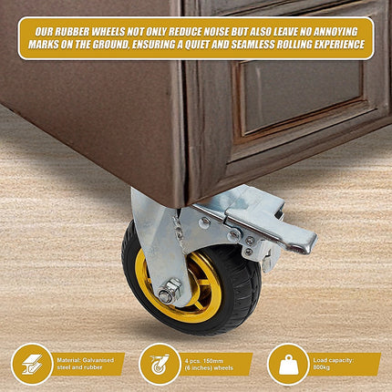 Castor Wheels 4 x 6" 150mm Swivel Silent Caster 2 Brakes 800KG 13