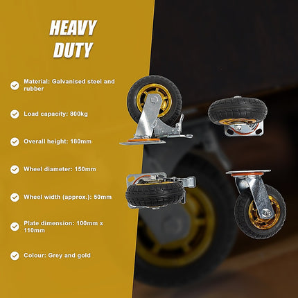Castor Wheels 4 x 6" 150mm Swivel Silent Caster 2 Brakes 800KG 14