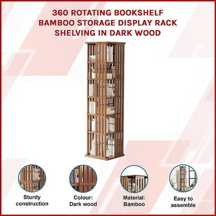 360 Rotating Bookshelf Bamboo Storage Display Rack Shelving in Dark Wood 3
