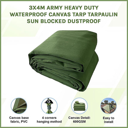 3x4M Army Heavy Duty Waterproof Canvas Tarp Tarpaulin Sun Blocked Dustproof 3