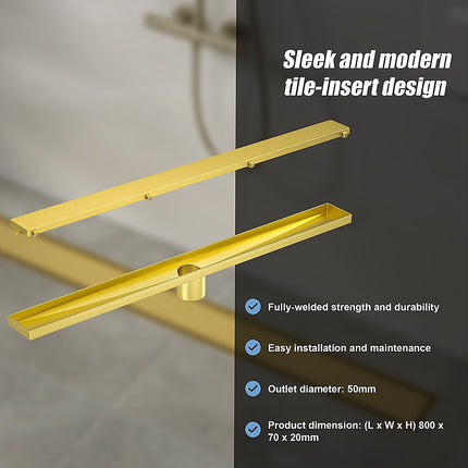 800mm Tile Insert Shower Bathroom Brushed Brass Grate Drain w/ Centre outlet Floor Waste 5