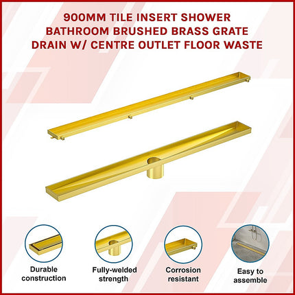 900mm Tile Insert Bathroom Shower Brushed Brass Grate Drain w/ Centre outlet Floor Waste 2