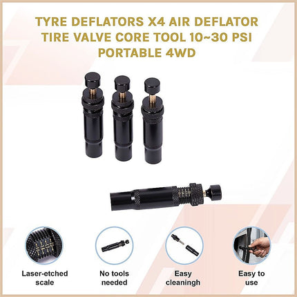Tyre Deflators x4 Air Deflator Tire Valve Core Tool 10~30 PSI Portable 4WD 3
