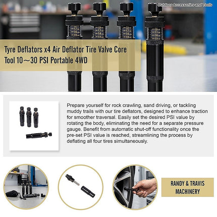 Tyre Deflators x4 Air Deflator Tire Valve Core Tool 10~30 PSI Portable 4WD 10
