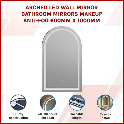 Arched LED Wall Mirror Bathroom Mirrors Makeup Anti-fog 600mm x 1000mm 3