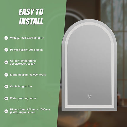Arched LED Wall Mirror Bathroom Mirrors Makeup Anti-fog 600mm x 1000mm 11