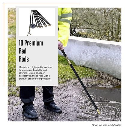 9m Drain Rod Set Kit Plunger Worm Scraper Cleaning Rods Rodding Carry Bag 10