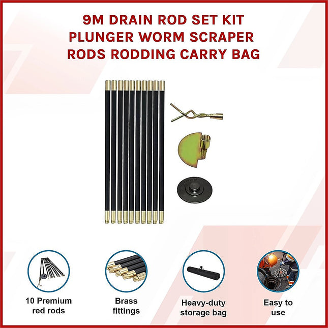 9m Drain Rod Set Kit Plunger Worm Scraper Cleaning Rods Rodding Carry Bag 2