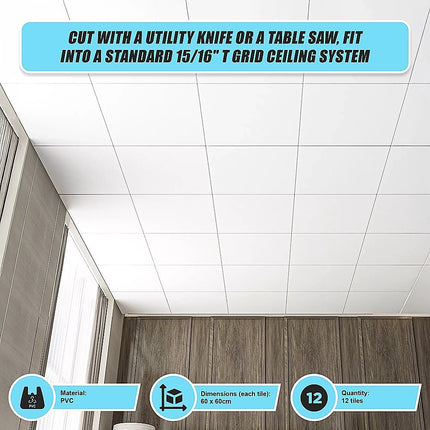 12x Smooth Drop Ceiling Tile 2ft x 2ft PVC Ceiling Panel 3
