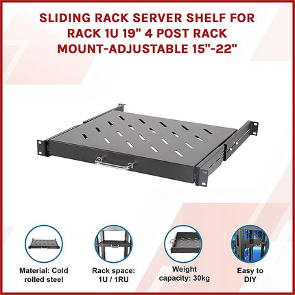 Sliding Rack Server Shelf 1U 19" 4 Post Mount – Adjustable 15" to 22" Rack Tray 3