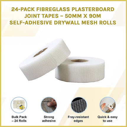 24-Pack Fibreglass Plasterboard Joint Tapes – 50mm x 90m Self-Adhesive Drywall Mesh Rolls 3