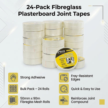 24-Pack Fibreglass Plasterboard Joint Tapes – 50mm x 90m Self-Adhesive Drywall Mesh Rolls 9