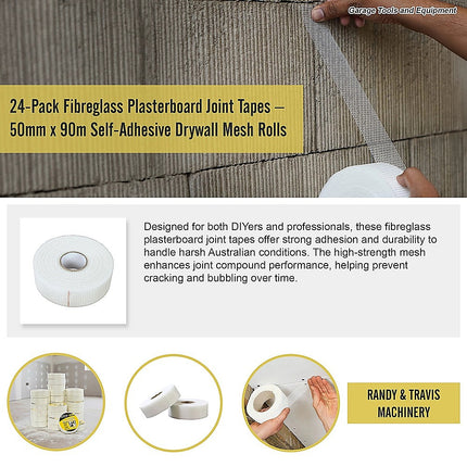 24-Pack Fibreglass Plasterboard Joint Tapes – 50mm x 90m Self-Adhesive Drywall Mesh Rolls 10