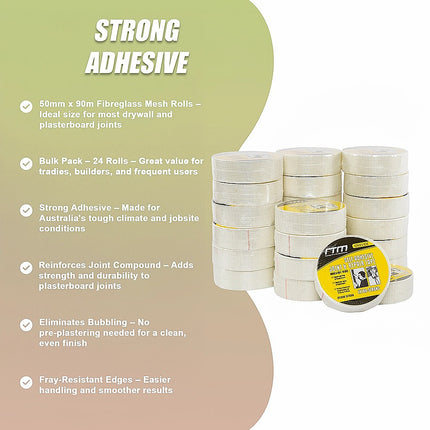 24-Pack Fibreglass Plasterboard Joint Tapes – 50mm x 90m Self-Adhesive Drywall Mesh Rolls 11