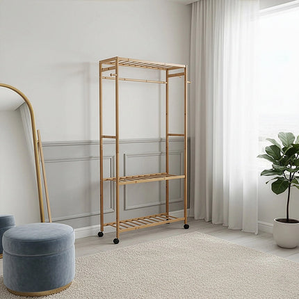 Wooden Clothes Rail with Shelves & Wheels – Open Wardrobe Rack Stand 2