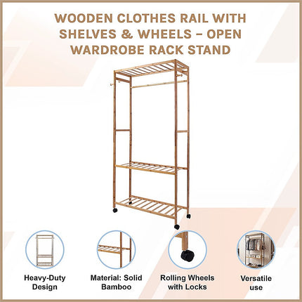 Wooden Clothes Rail with Shelves & Wheels – Open Wardrobe Rack Stand 3