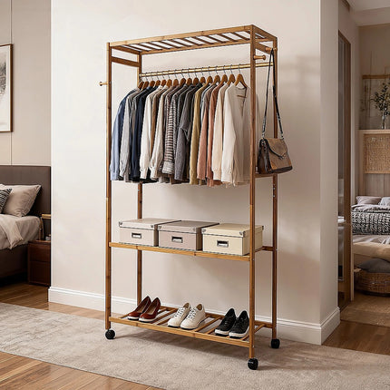 Wooden Clothes Rail with Shelves & Wheels – Open Wardrobe Rack Stand 5